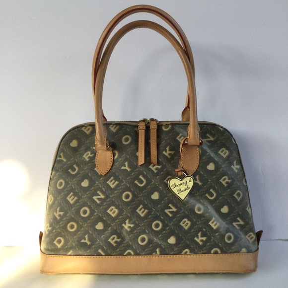 Dooney & Bourke Dome Shoulder Satchel Leather Handbag Crossword Tan Gray Gold - Picture 1 of 16